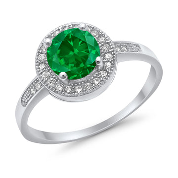 Halo Engagement Ring Round Simulated Green Emerald CZ 925 Sterling Silver